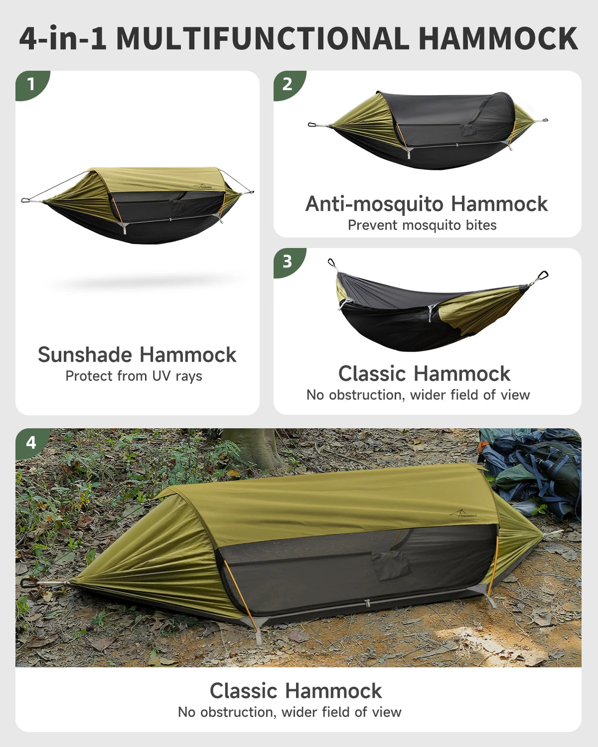 4-in-1 Outdoor Camping Hammock with Sunshade & Mosquito Net