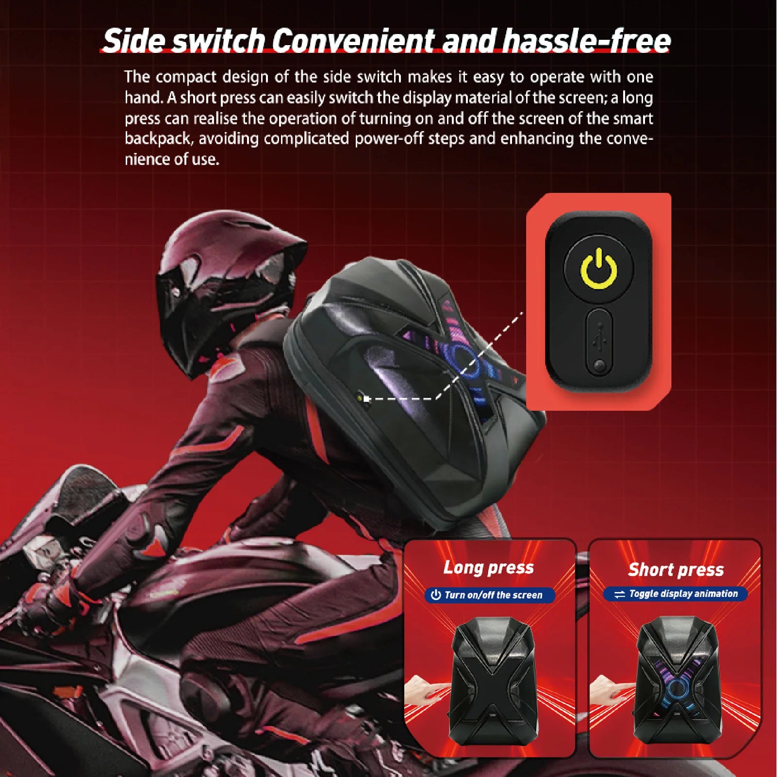 Rechargeable LED Display Motorbike Backpack Waterproof, Helmet Holder, Outdoor Cycling Bag