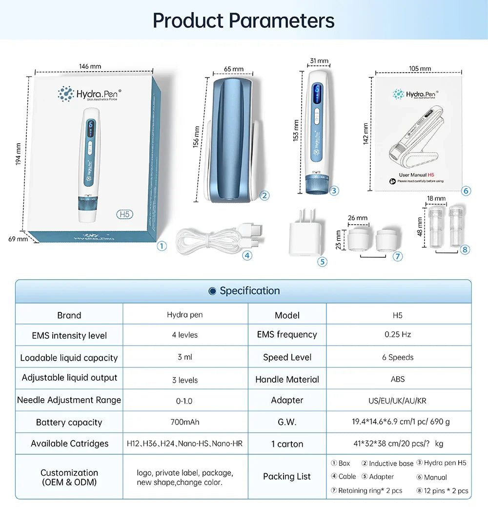2-in-1 Blue Wireless Micro needling Hydra Pen with EMS