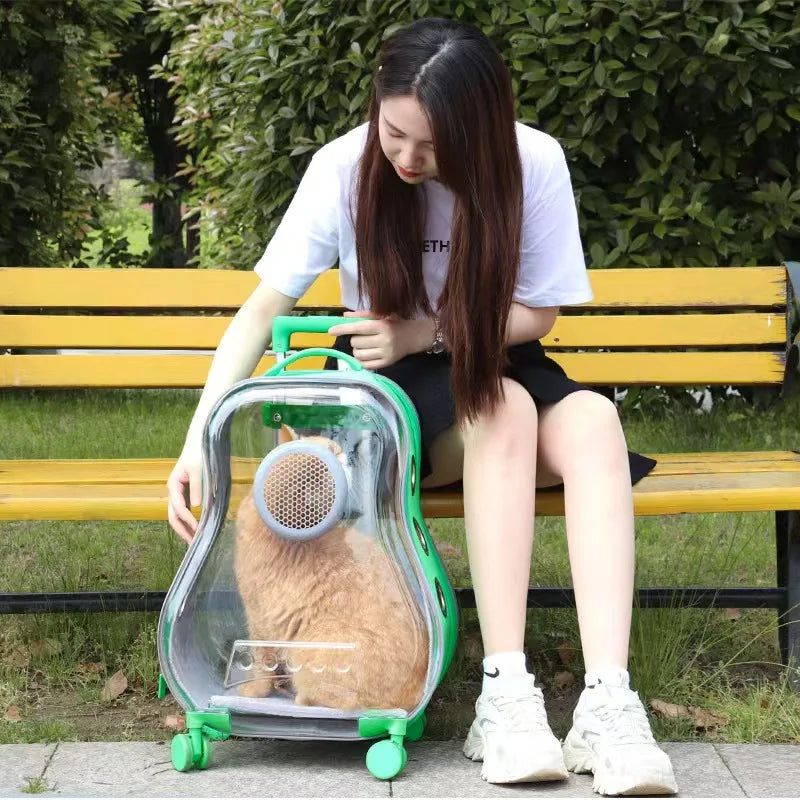 Green Pet Travel Trolley Case with Wheels for Small Animals