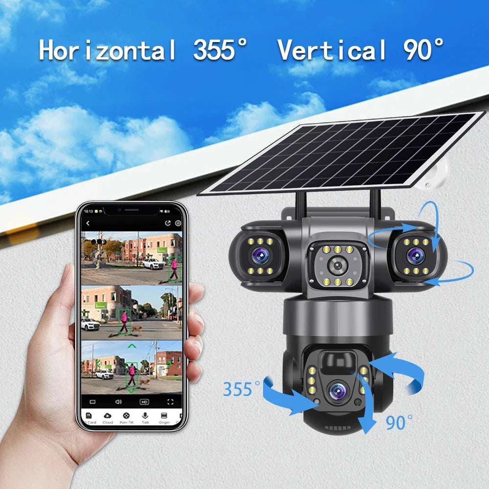 Solar 4G Outdoor Camera 64G 12MP 3-Lens, 10X Zoom, 8000mAh Battery, Remote Access