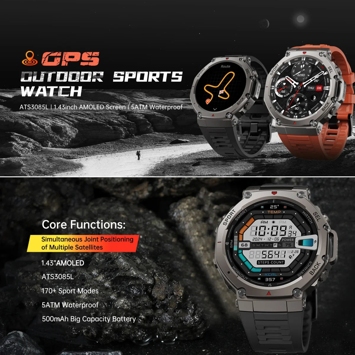 Rugged T‑Rex 3 Outdoor Smartwatch with AMOLED Display & Dual-Band GPS