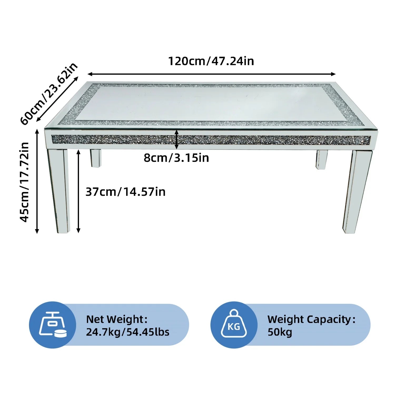 120cm Rectangular Mirrored Coffee Table with Crystal Inlay – Silver Accent Centrepiece