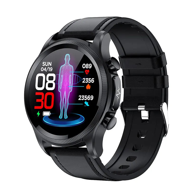 Fitness Smartwatch ECG Blood Pressure Heart Rate Black Leather Strap
