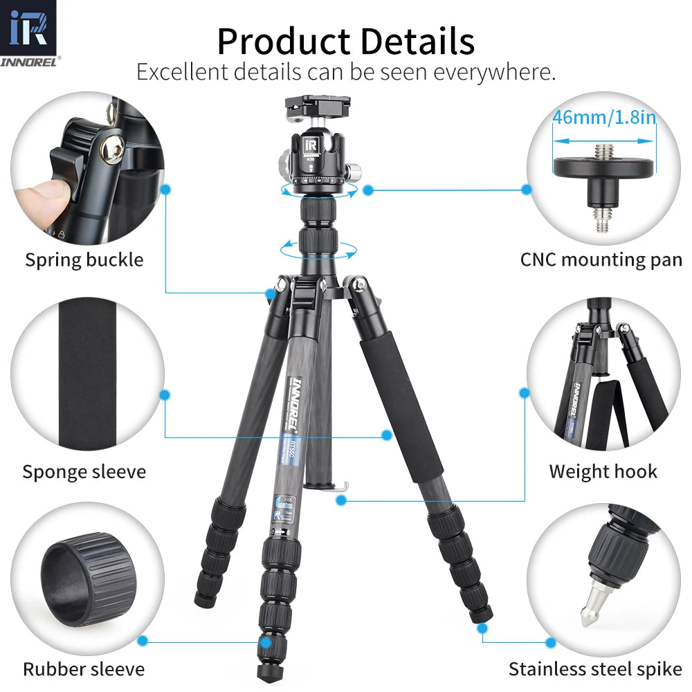 10-Layer Carbon Fiber Tripod, 161cm, 12kg Load, 2-in-1