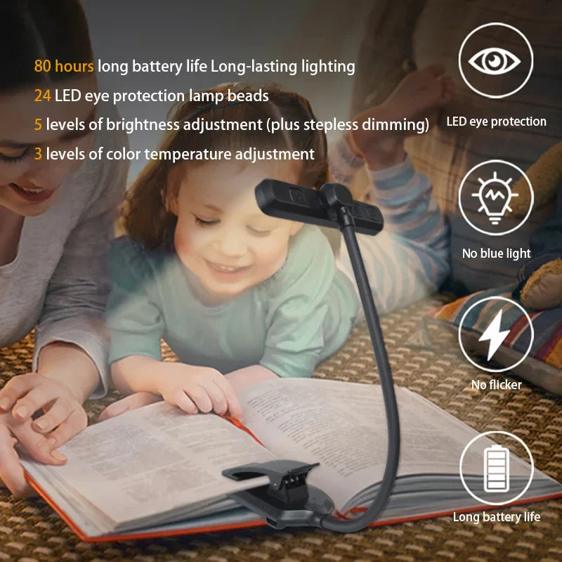 Portable 3-Mode USB Rechargeable Clip-On Book Light