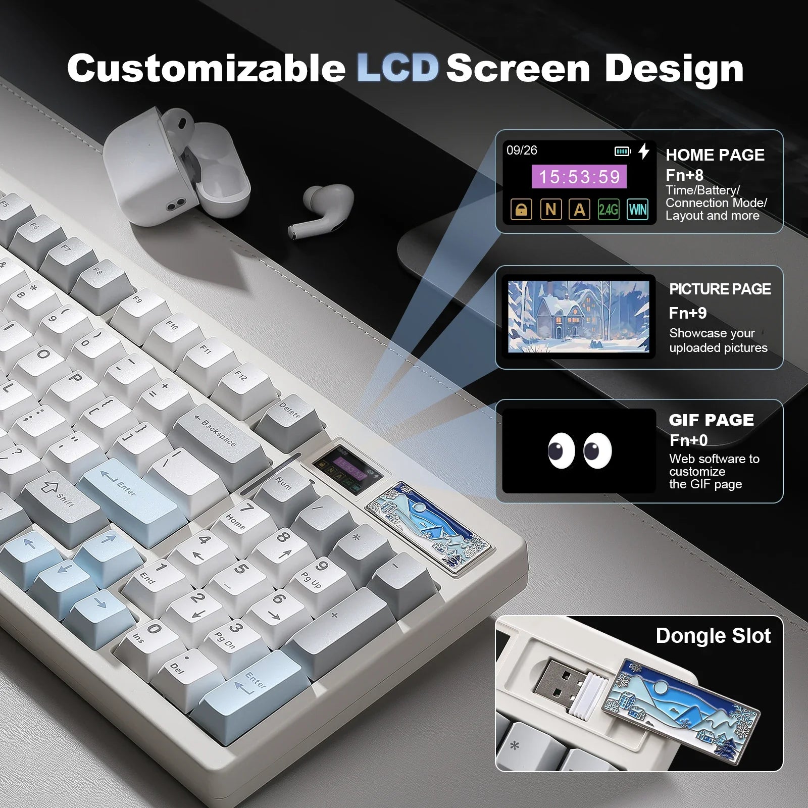 Wireless Mechanical Gaming Keyboard with Smart LCD Display White