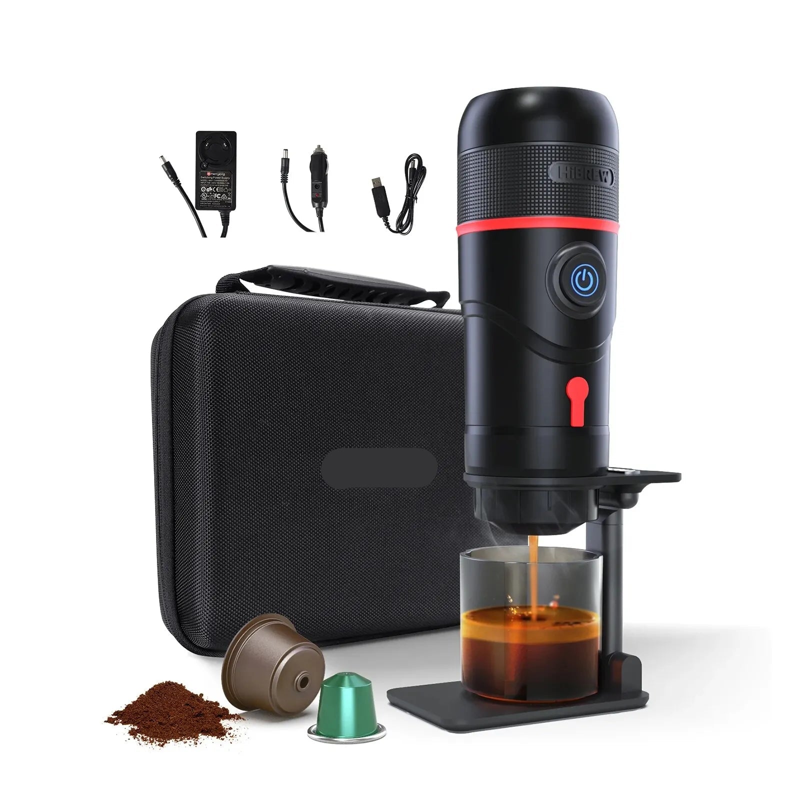 Compact 12V Espresso Maker for Car & Home Works with Nespresso, Dolce Gusto & Ground Coffee