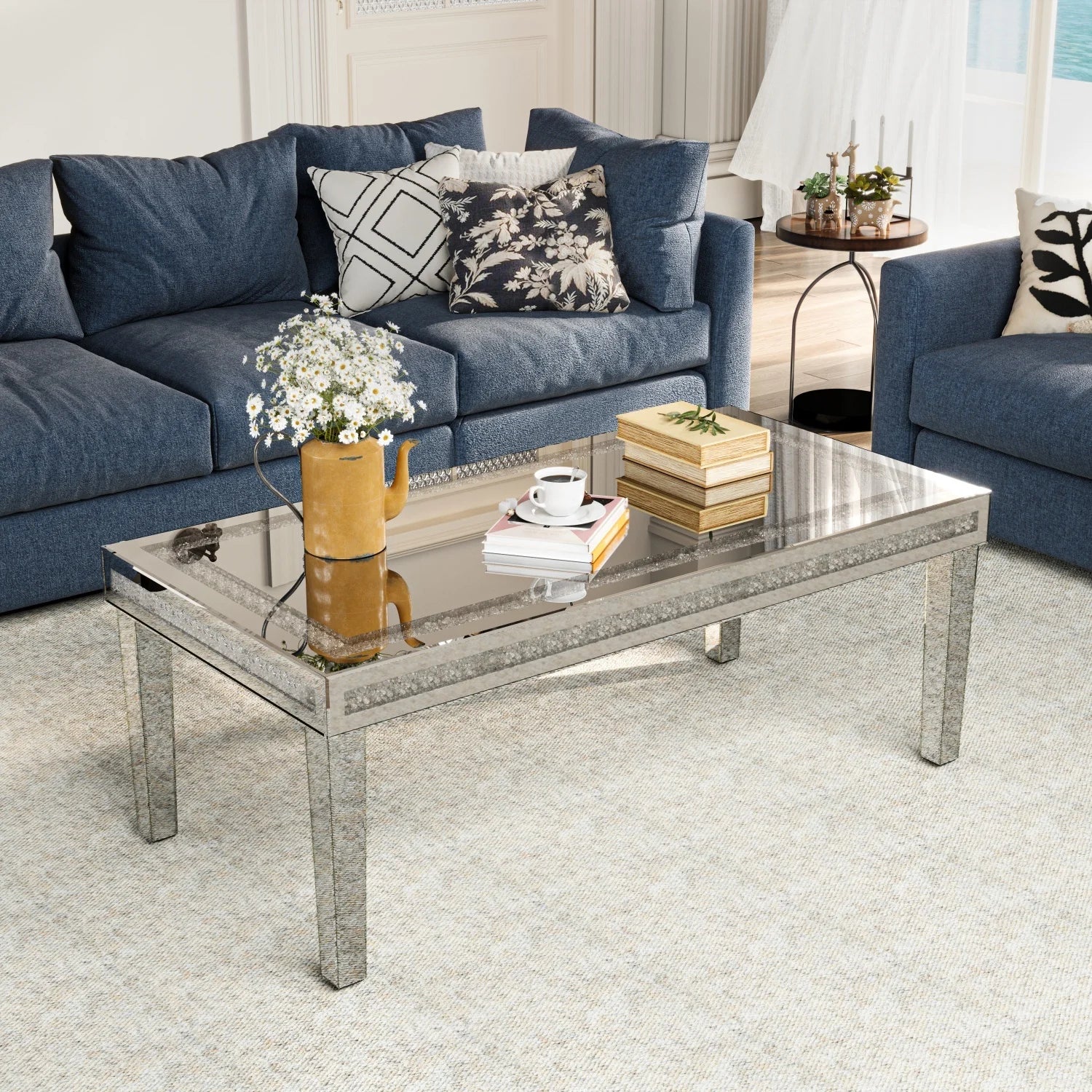 120cm Rectangular Mirrored Coffee Table with Crystal Inlay – Silver Accent Centrepiece