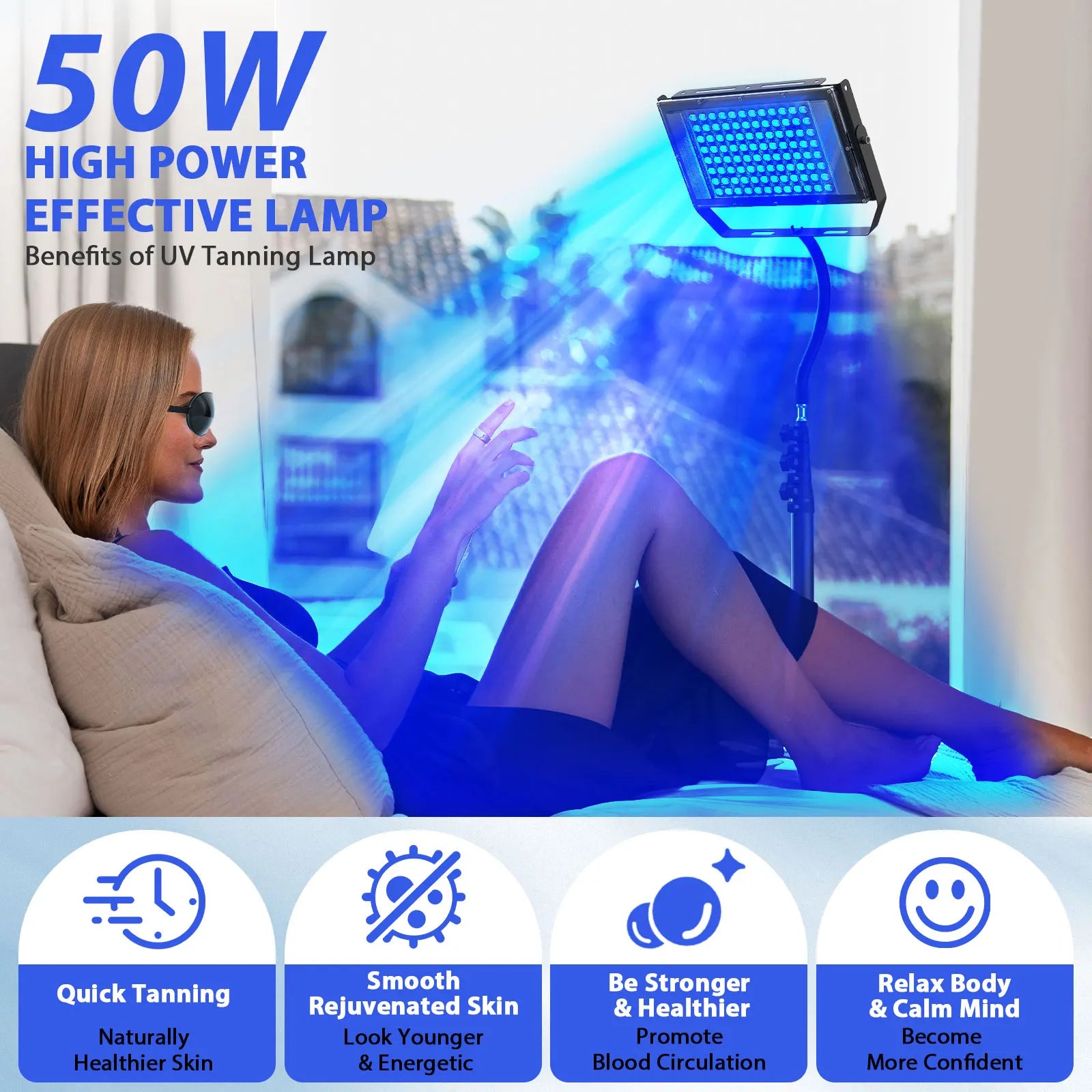 Home UV Tanning Lamp 50W 48 Blue LEDs, Adjustable Stand, EU Plug