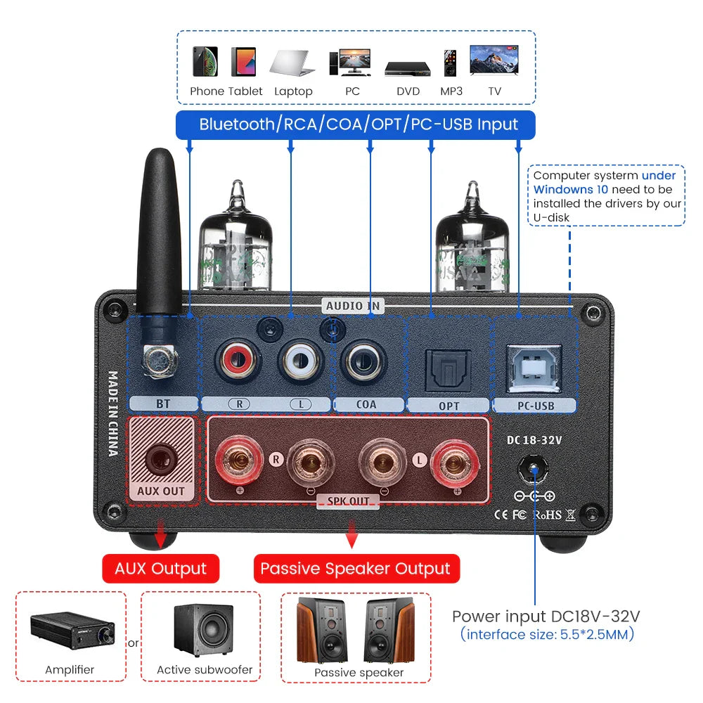 100W×2 Stereo Tube Amplifier with Bluetooth 5.0