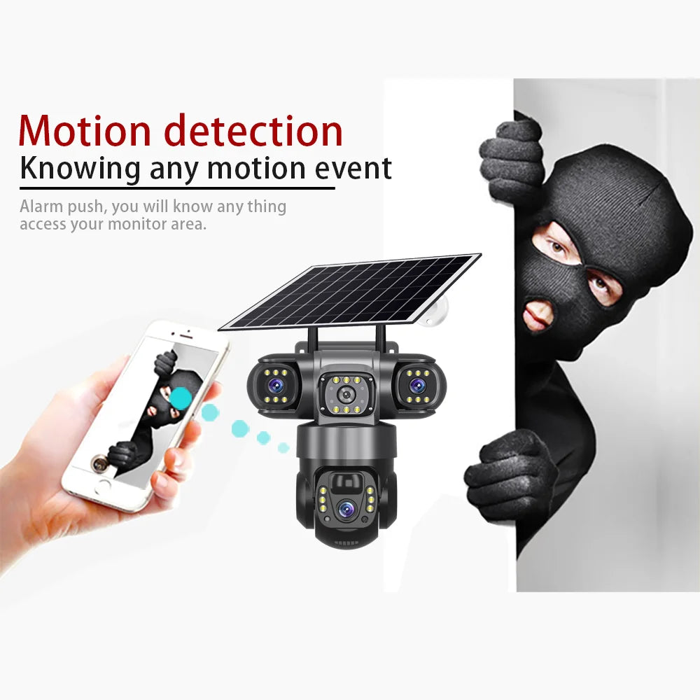 Solar 4G Outdoor Camera 64G 12MP 3-Lens, 10X Zoom, 8000mAh Battery, Remote Access