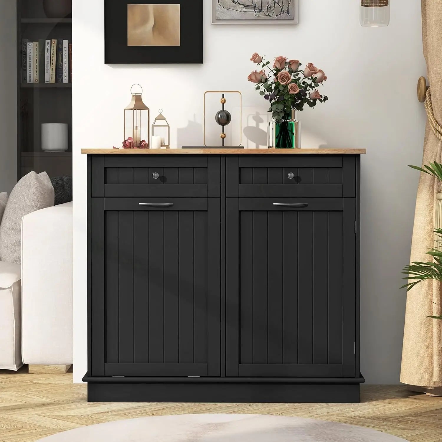 Portable Kitchen Island with 15.5 Gallon Tilt-Out Bin, Rubber Wood Top & Storage Drawers