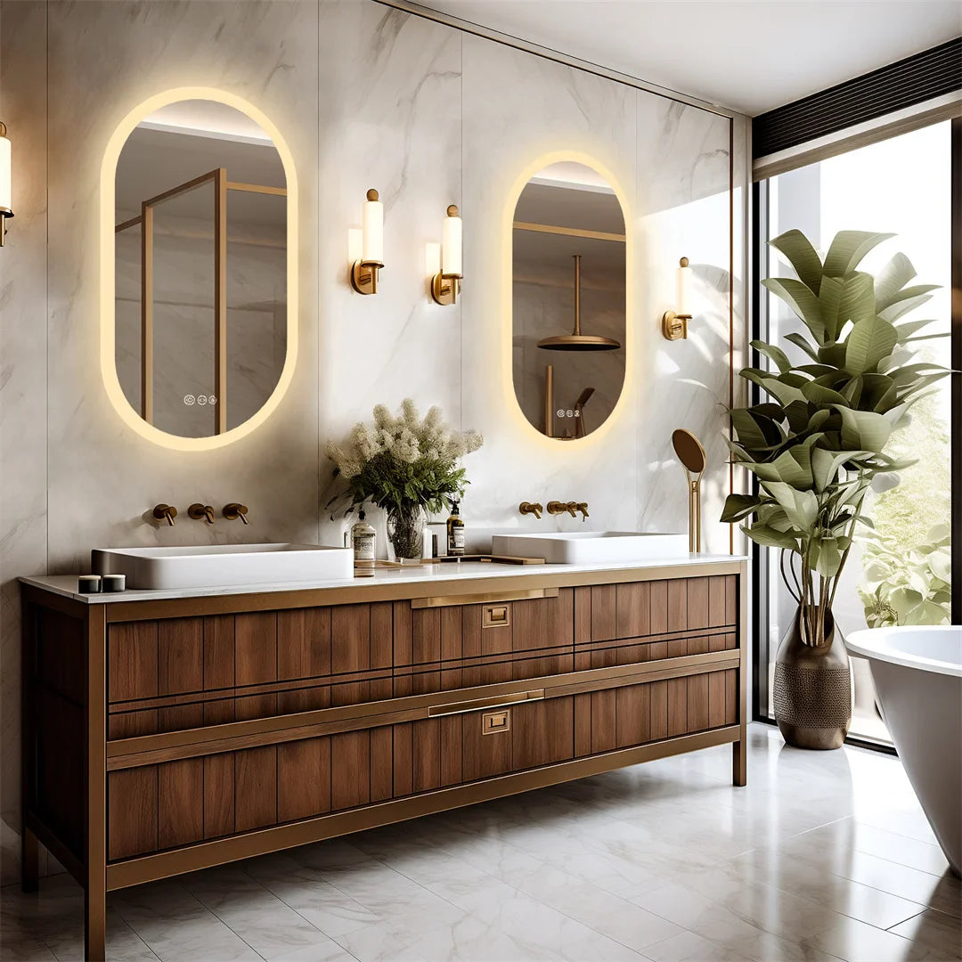 Oval LED Bathroom Mirror with 3-Color Lighting and Anti-Fog