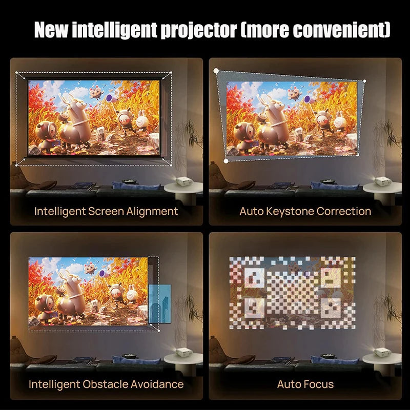 Rechargeable 1080P Home Projector with 4K Support, Auto Alignment, Android OS Black-AU Plug