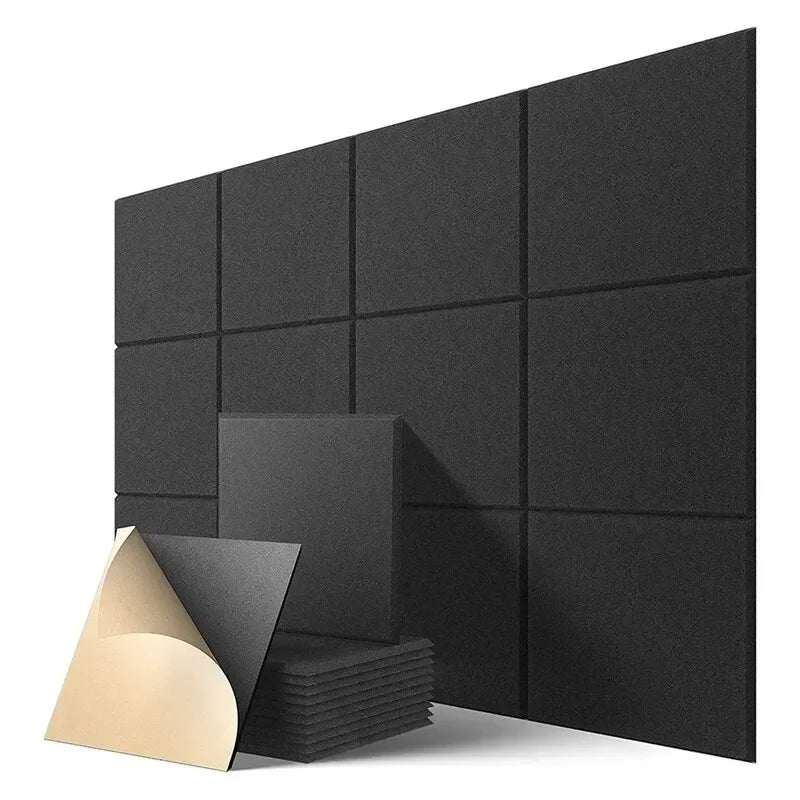 12pcs Self-Adhesive Acoustic Wall Panels, Soundproof Foam Tiles, Black