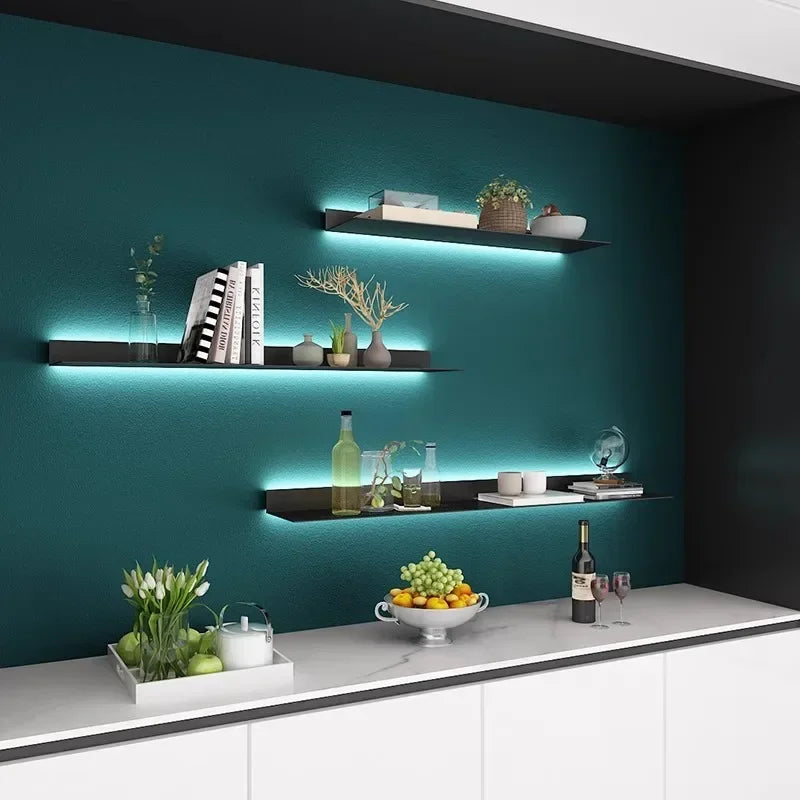 Modern Black Iron Floating Wall Shelf with LED Light – 100x20x6cm, Kitchen & Living Use