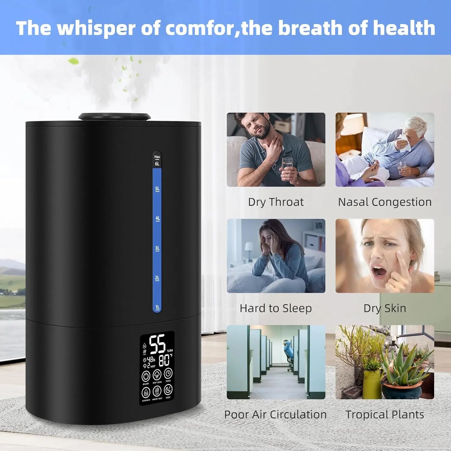 Large Room Humidifier with 3 Mist Levels, Quiet Sleep Mode & 360° Nozzle