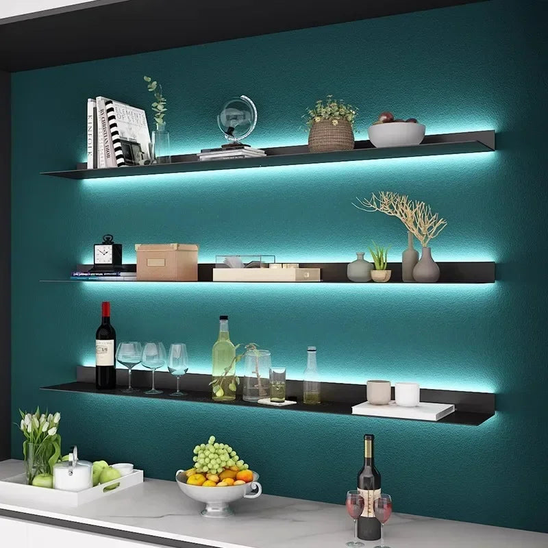 Modern Black Iron Floating Wall Shelf with LED Light – 100x20x6cm, Kitchen & Living Use