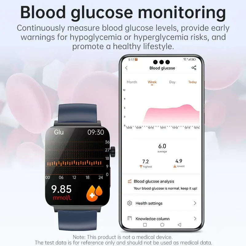 1.96" Bluetooth Smartwatch – Track Glucose, ECG, Blood Pressure, SpO2 & More