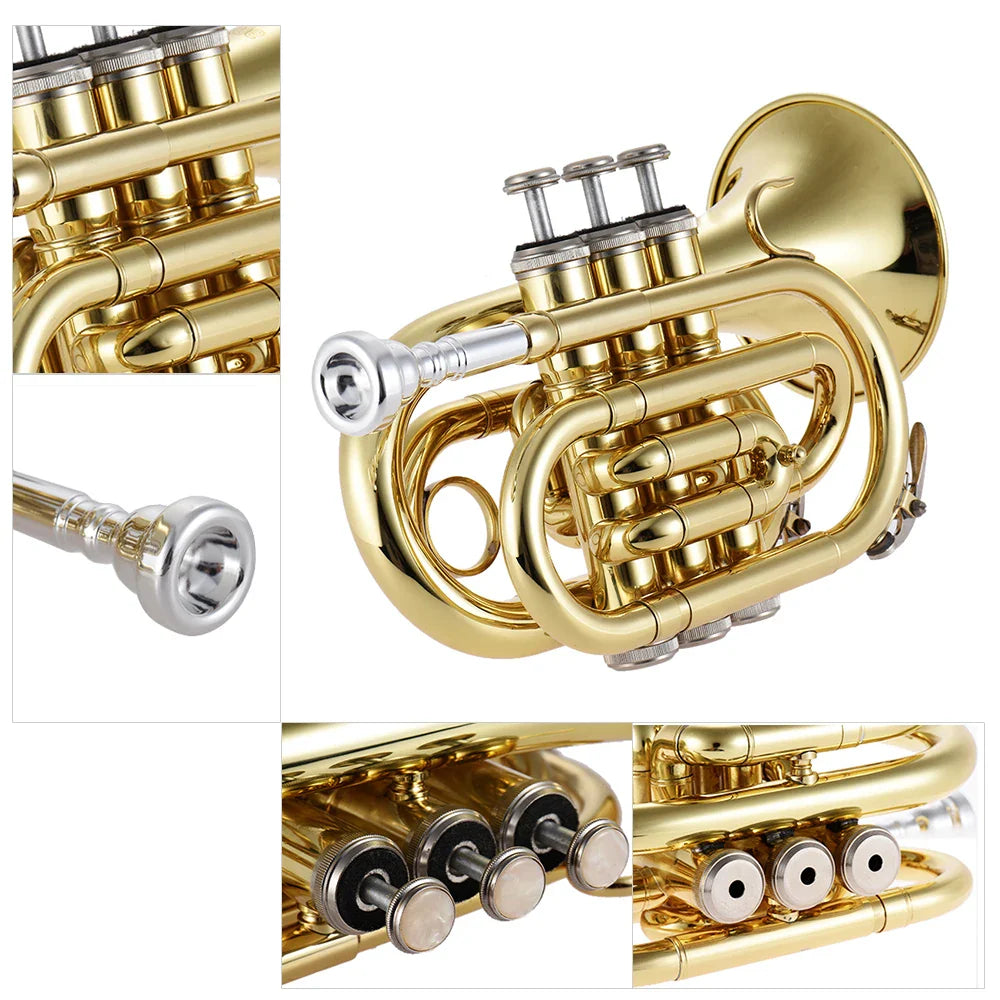 Mini Pocket Trumpet Bb Flat Brass Wind Instrument - Gold
