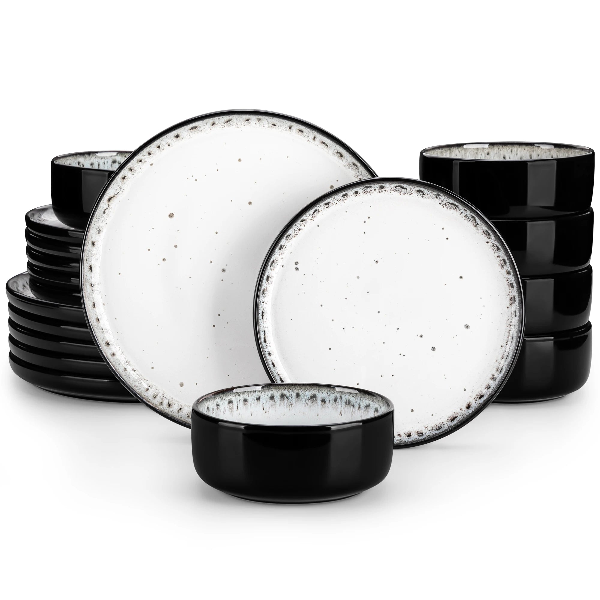 18-Piece Ceramic Dinnerware Set Black & White Plates and Bowls for 6 People