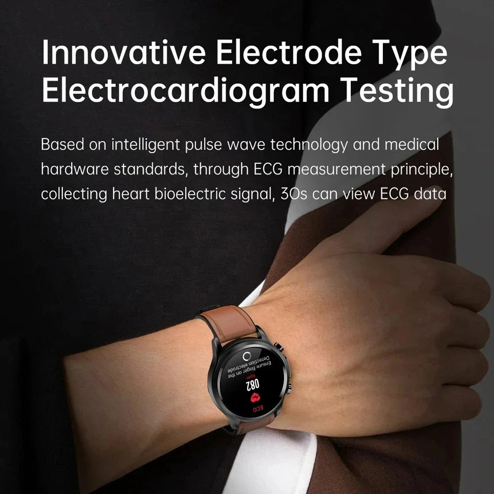 Fitness Smartwatch ECG Blood Pressure Heart Rate Black Leather Strap
