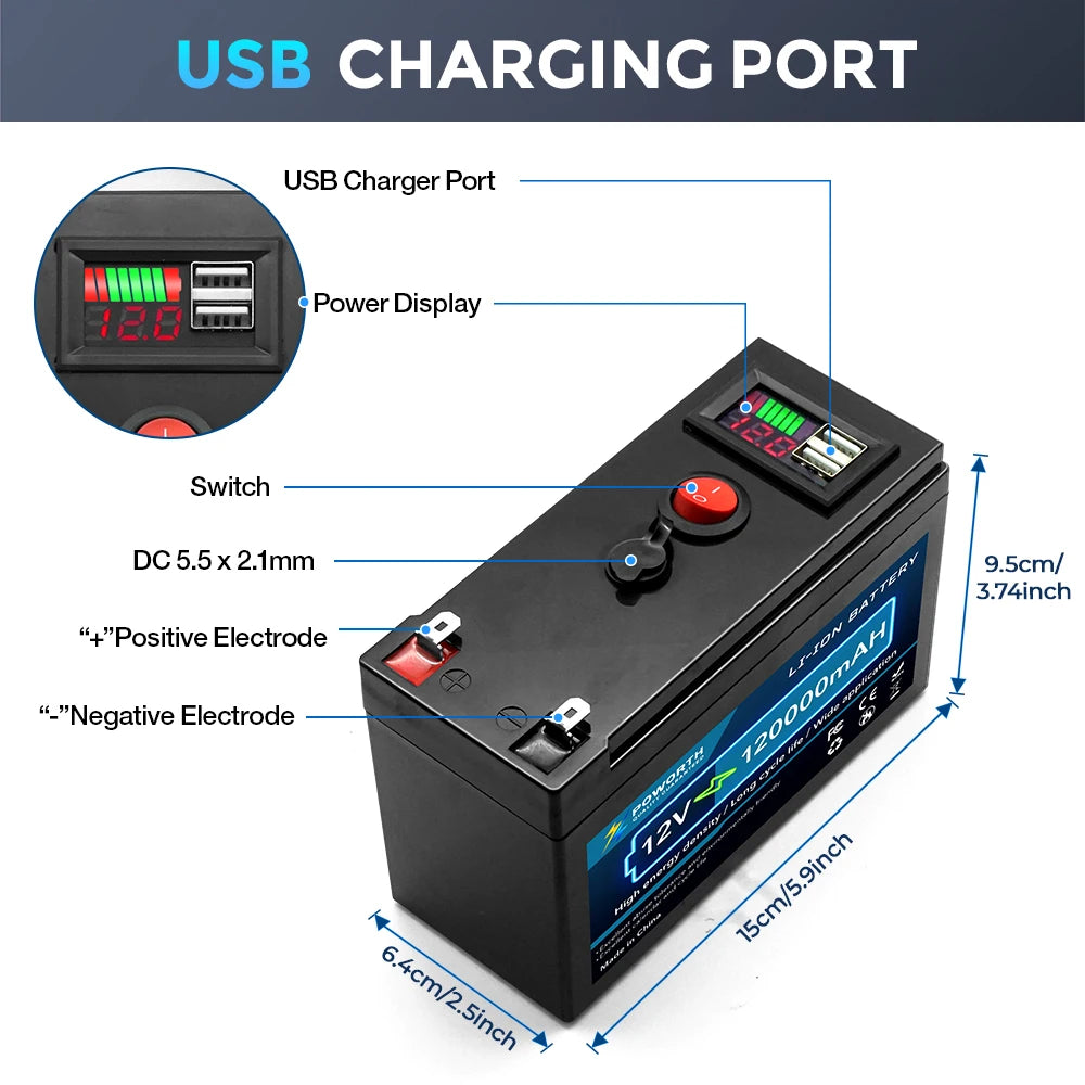 Portable 12V 150Ah Deep Cycle Lithium Battery Built-in Smart BMS for Solar, RV, Marine & Home Energy