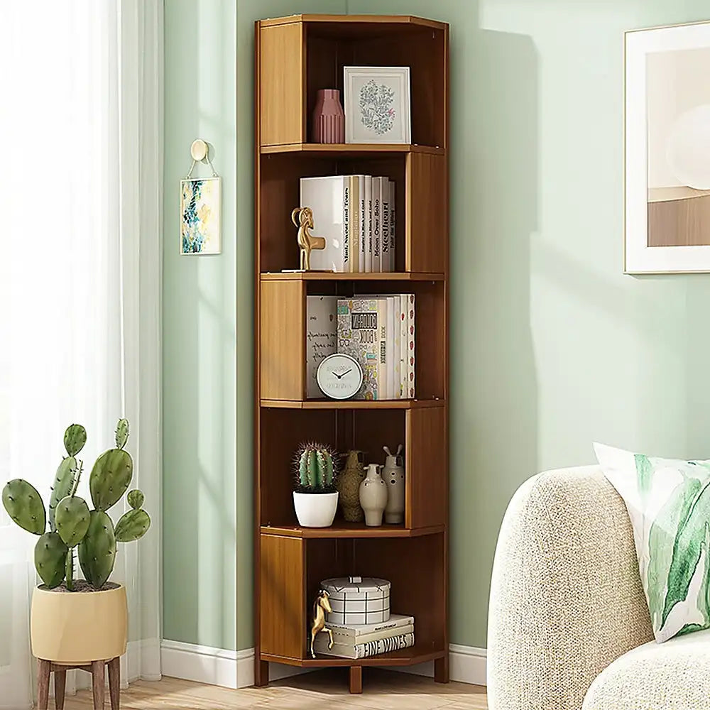 Industrial 5-Shelf Corner Bookcase – Freestanding Space-Saver for Living Room or Office