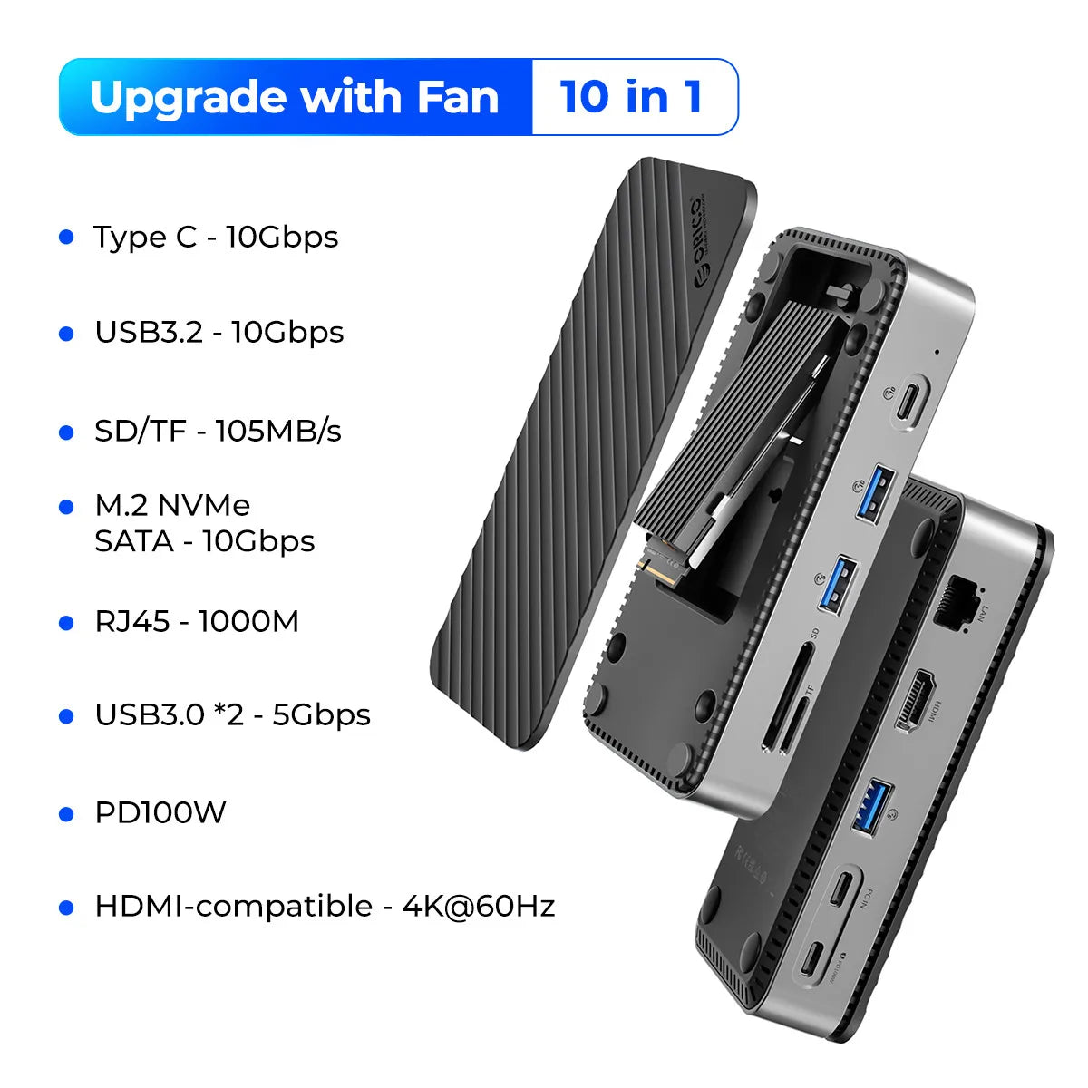 10-in-1 USB-C Dock with M.2 NVMe/SATA SSD Enclosure, 4K HDMI, RJ45, Cooling Fan, 100W PD