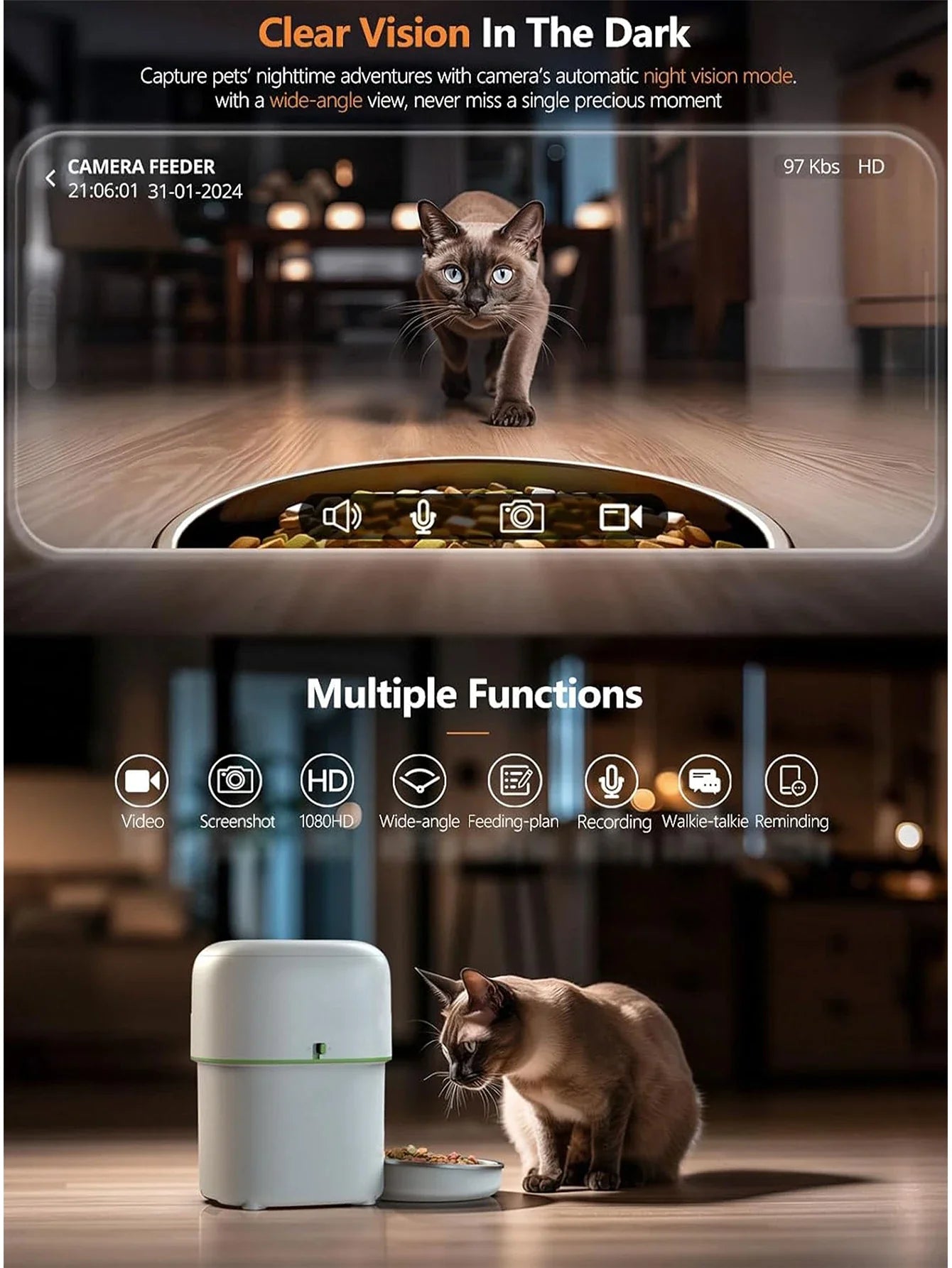 2L Black Auto Pet Feeder with 1080P Camera and WiFi