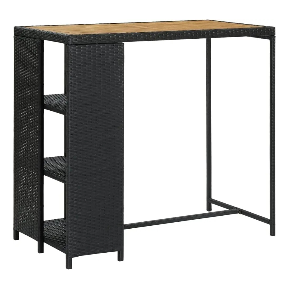 Outdoor Bar Table with 3-Tier Storage Rack – Black Rattan & Acacia Wood Top