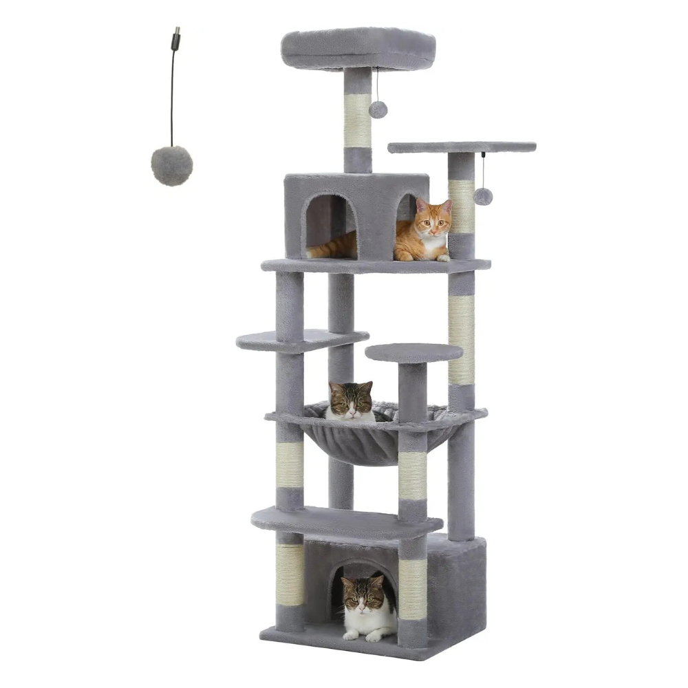 164cm Cat Tree with Sisal-Covered Posts, Dual Condos, Hammock & Top Perches