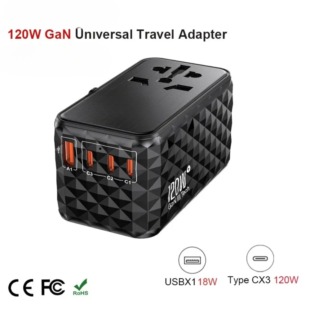 120W GaN Universal Travel Adapter with 1 AC Socket, 1 USB-A and 3 USB-C Ports