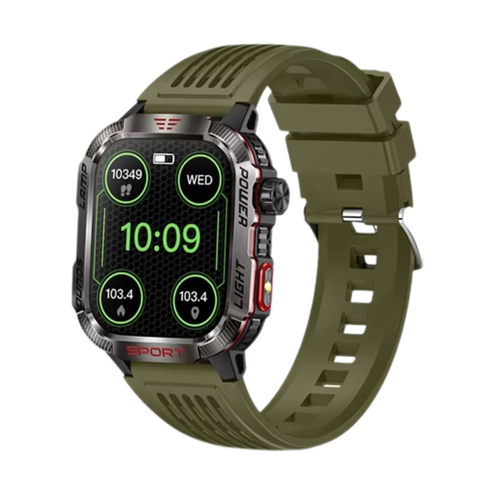 Rugged Outdoor Smartwatch with Compass, Flashlight & Bluetooth Calling – Green Silicone Strap