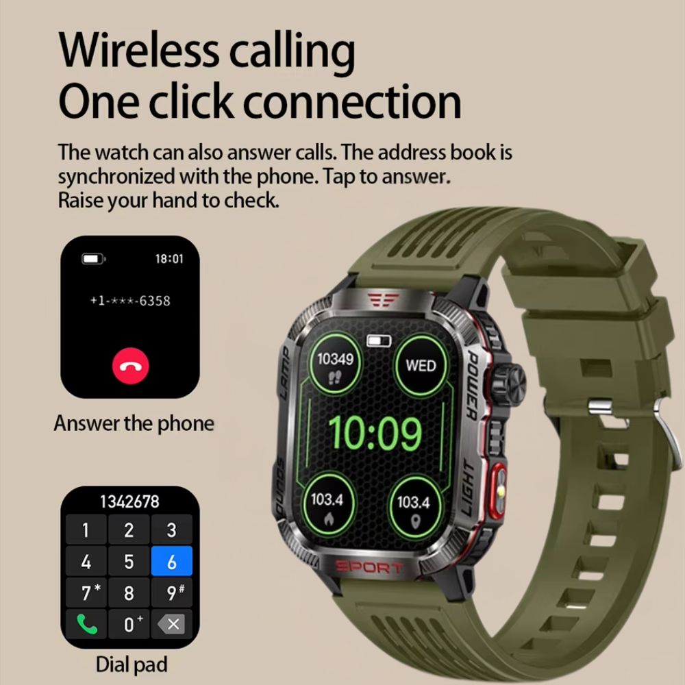 Rugged Outdoor Smartwatch with Compass, Flashlight & Bluetooth Calling – Green Silicone Strap