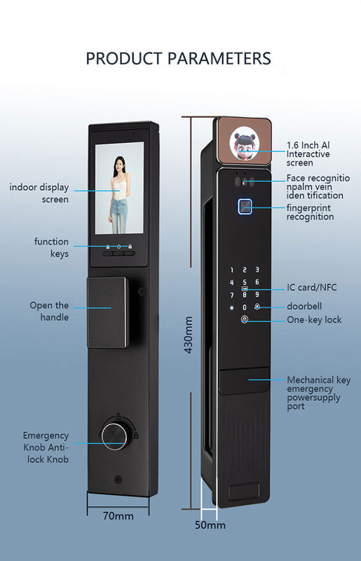 Smart Biometric Door Lock with Face, Palm and Fingerprint Recognition, WiFi App Control