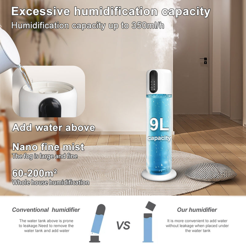 9L Ultrasonic Cool Mist Humidifier with Portable Design and Top Fill Water Tank