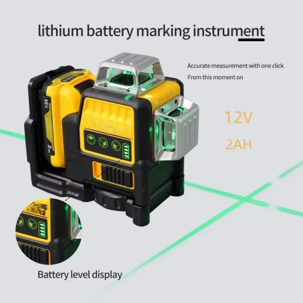 Rechargeable 360° Green Laser Level 12-Line with Battery, Charger & Carry Case