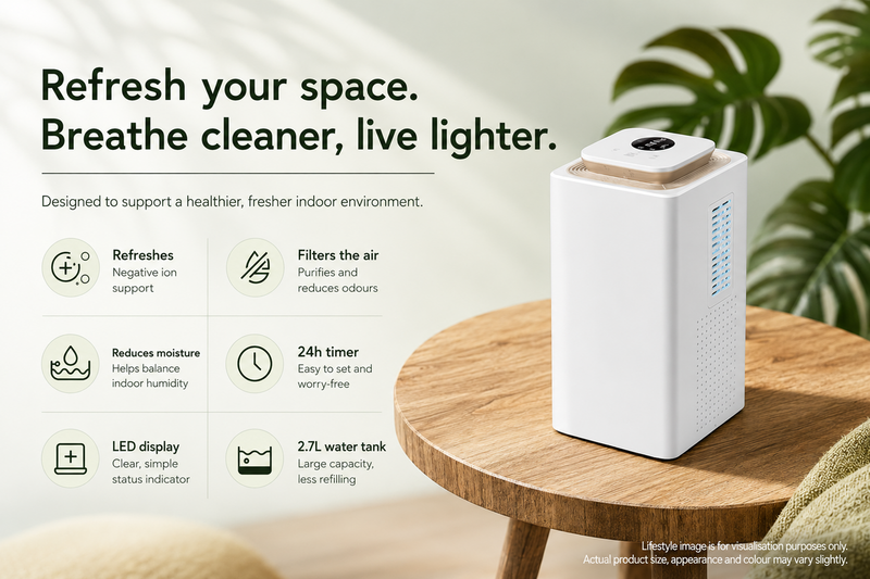 Portable 60W Dehumidifier with Dual Fan Speeds, LED Display and Purify Mode