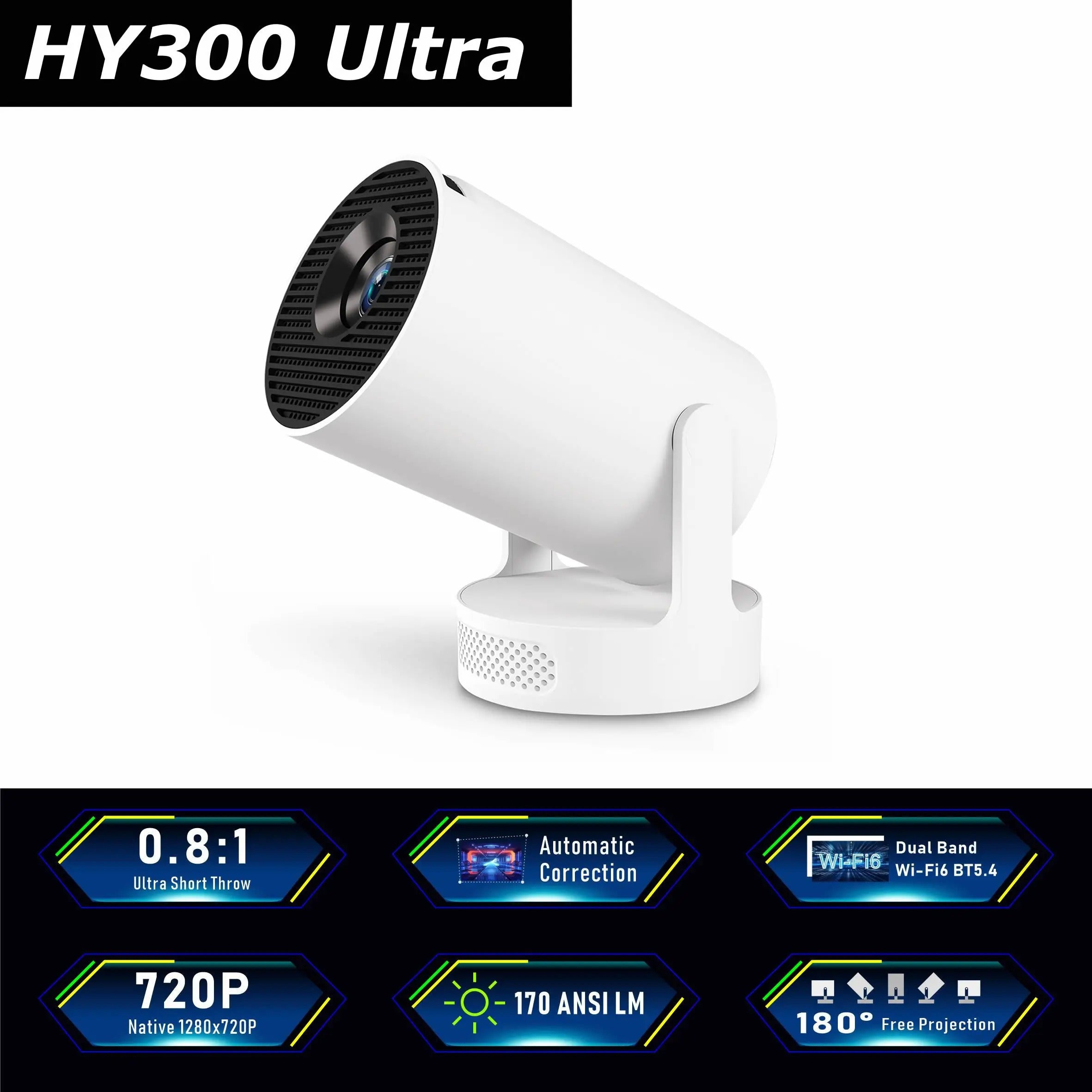 Compact Home Theater Projector with Auto Keystone, Bluetooth 5.2 & 720P HD Display White