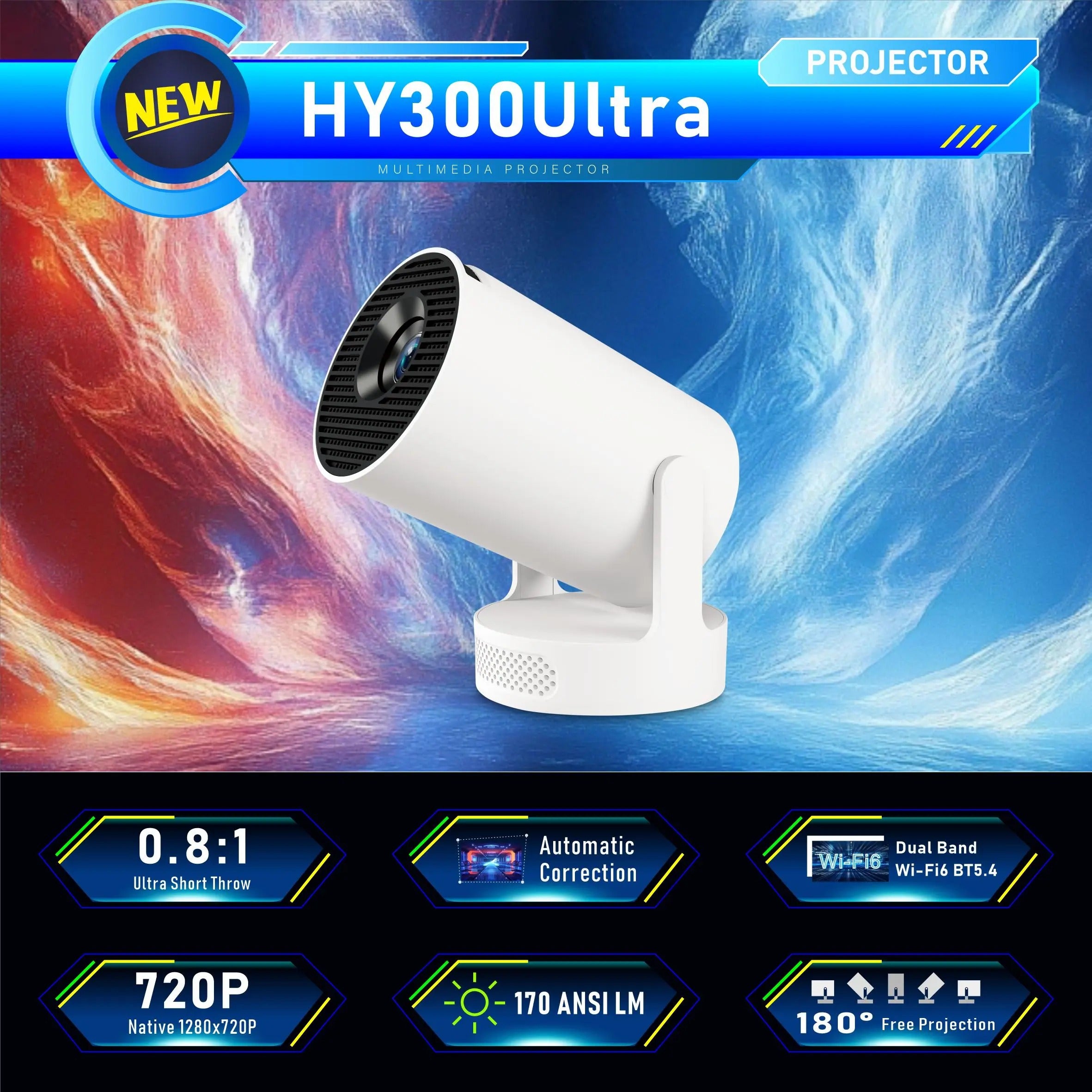 Compact Home Theater Projector with Auto Keystone, Bluetooth 5.2 & 720P HD Display White