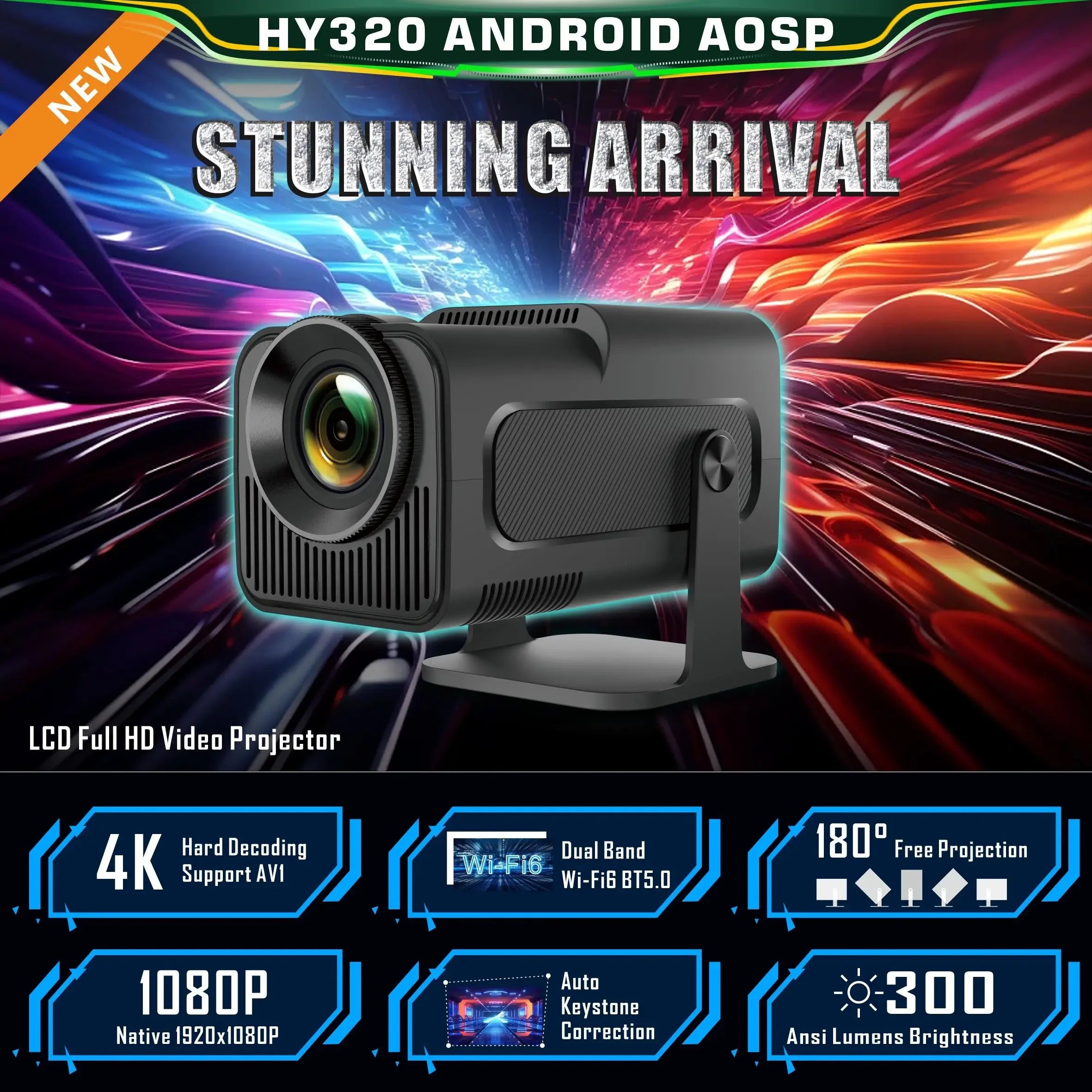 Compact Home Theater Projector 300 ANSI Bluetooth 5.0 & Streaming Apps Black