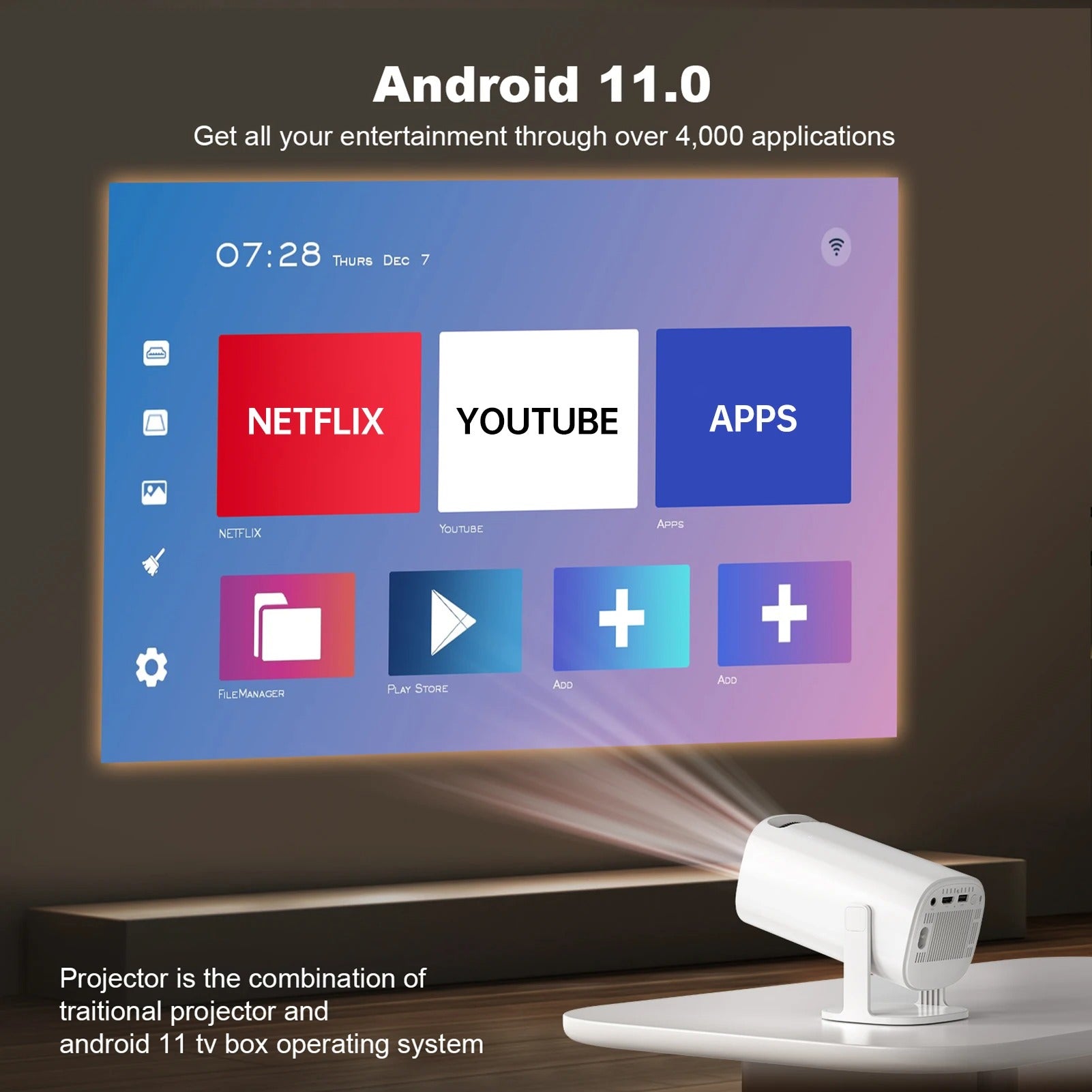 Compact Home Theater Projector 240 Lumens 720P Dual-Band WiFi Bluetooth 5.0 White