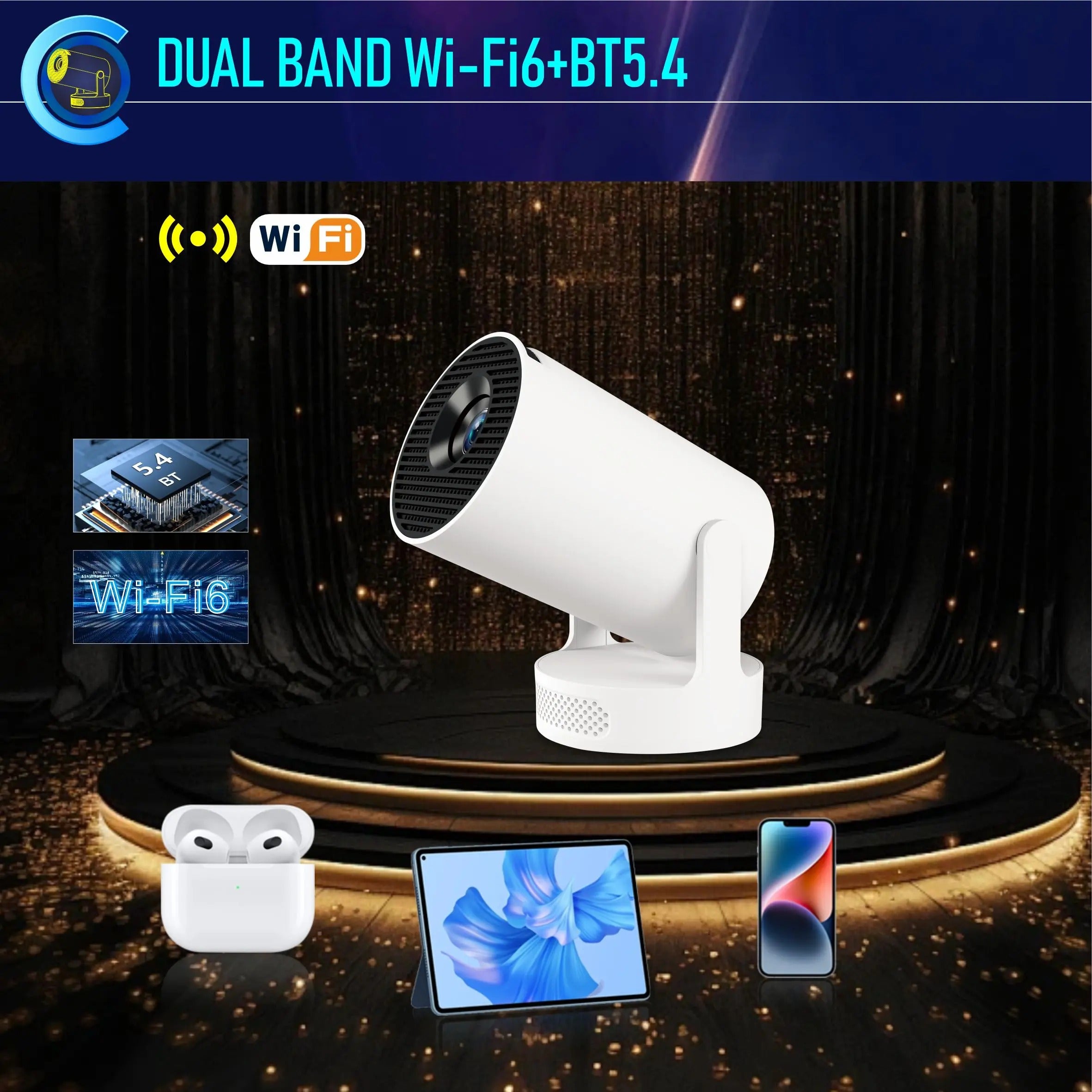 Compact Home Theater Projector with Auto Keystone, Bluetooth 5.2 & 720P HD Display White