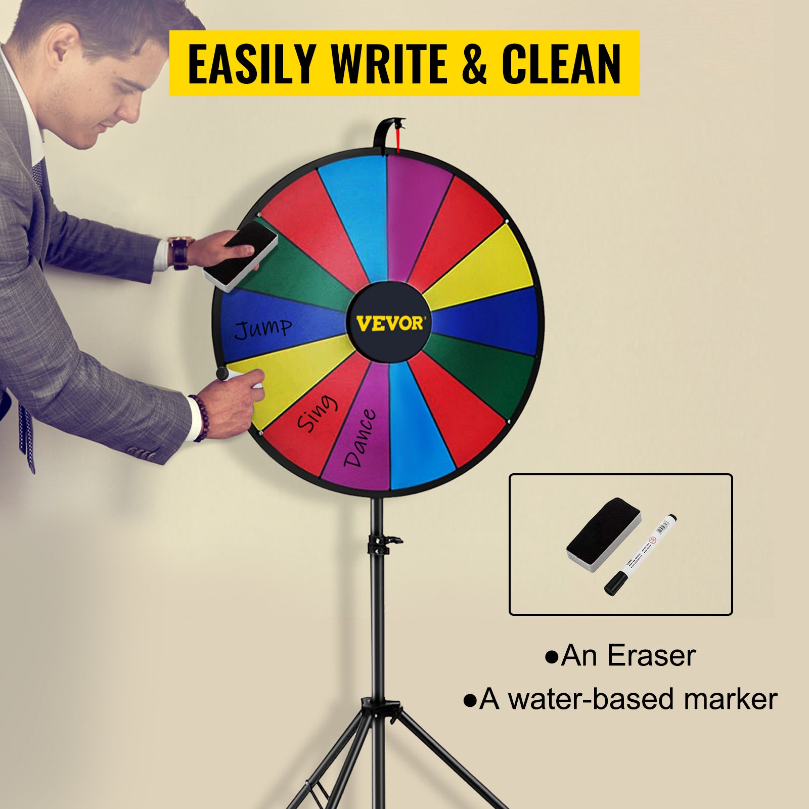 18 Inch Round Dry Erase Prize Wheel with 14 Custom Slots, Tripod Stand & Accessories for Events